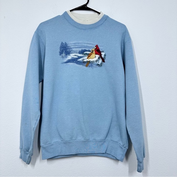 Vintage Blue Embroidered Cardinal Winter Graphic Sweatshirt Double Collar Insert - Picture 1 of 7